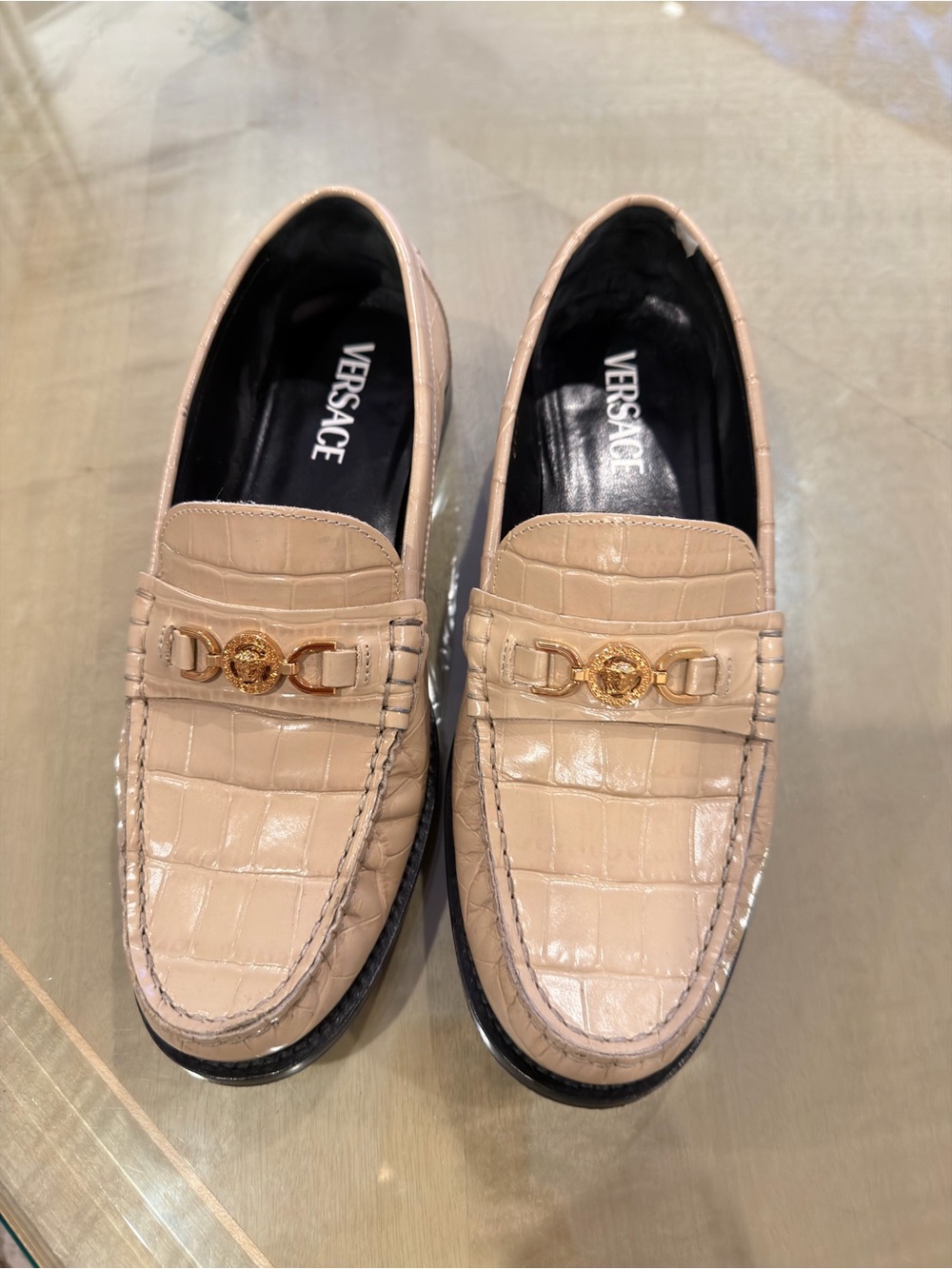 Versace Beige Croc-Embossed Leather Loafers with Gold Medusa Detail